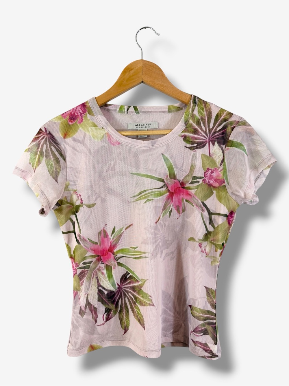 AllSaints Ellie Floral Mesh T-Shirt Green Sheer Slim Fit Top Size US 6